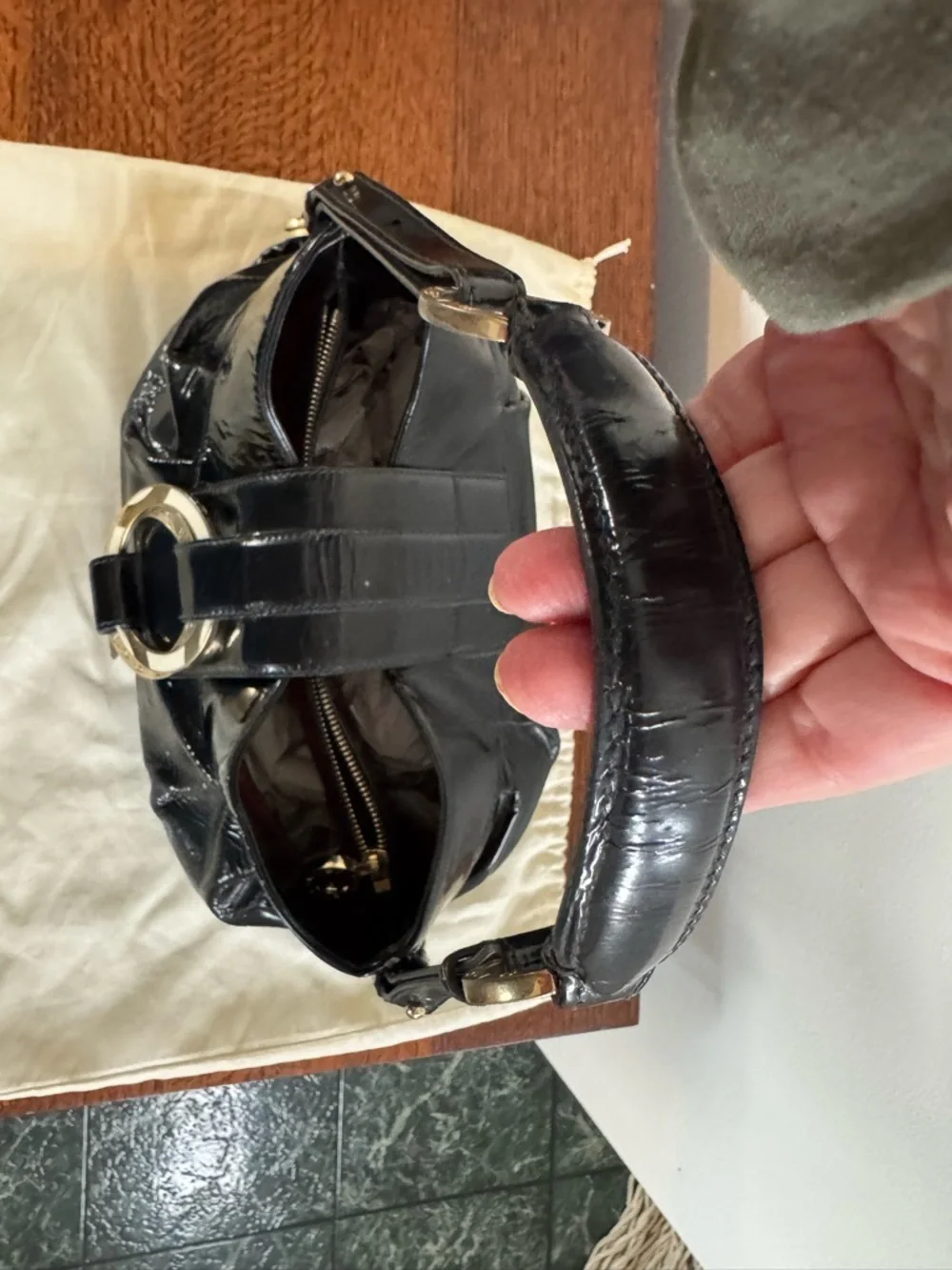 Bvlgari Chandra Black Patent Leather Hobo Bag with Gold Ring Hardware with COA